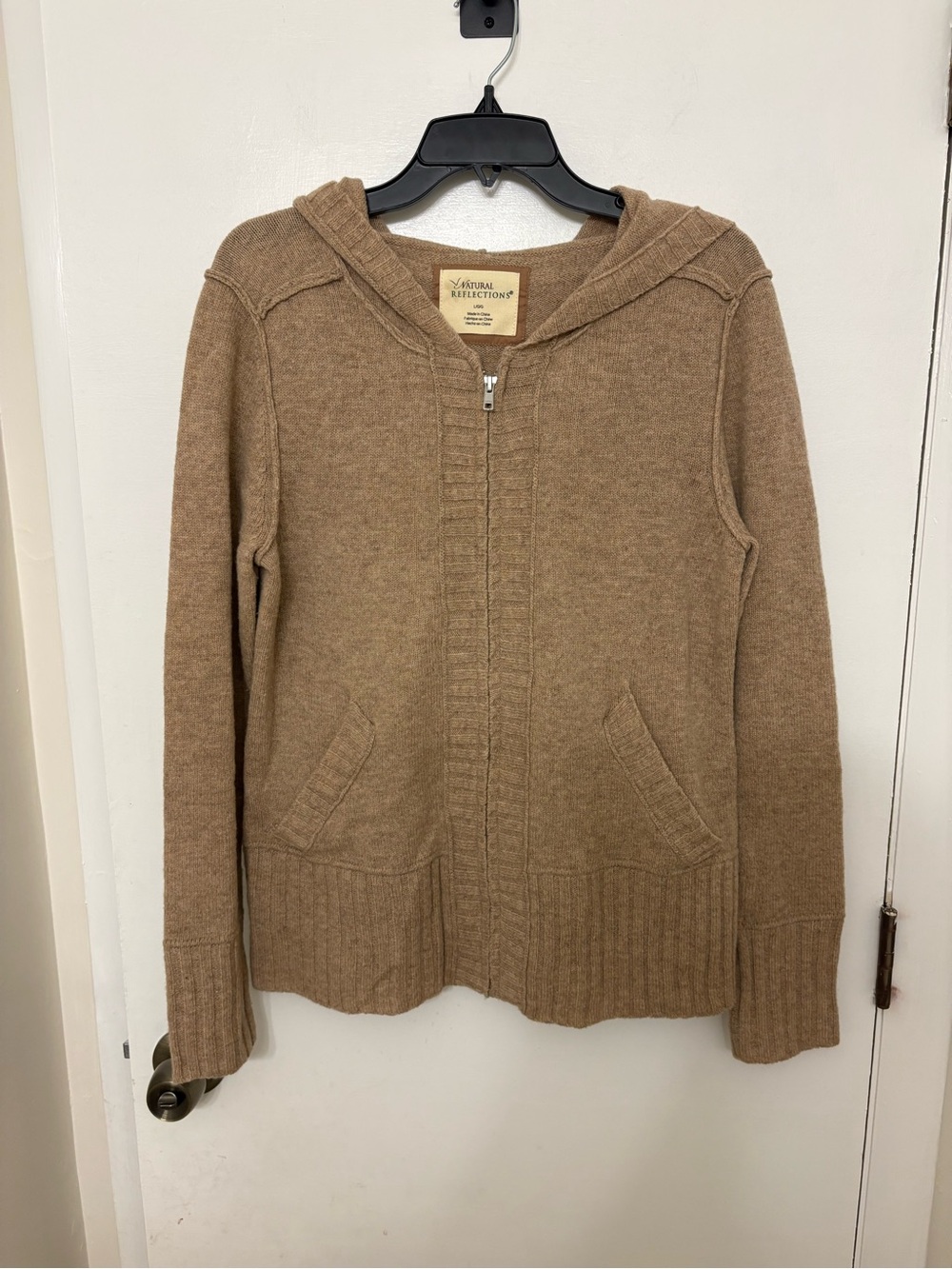 100% Lambswool Zip Hoodie Camel Coastal Grandma Knit Minimalist Sweater L